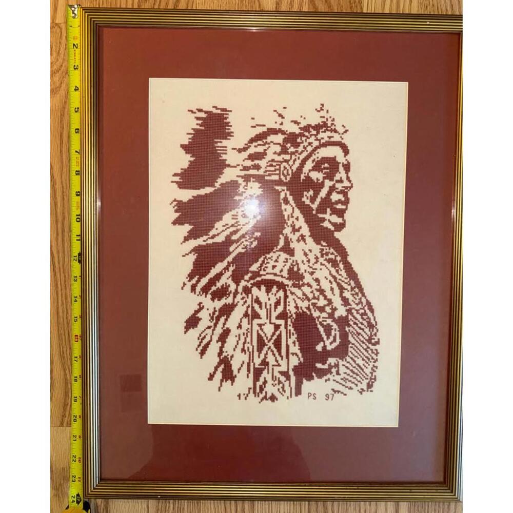 Framed Native‎ American Chief Cross Stitch Needlepoint Wall Art Southwest  FSU